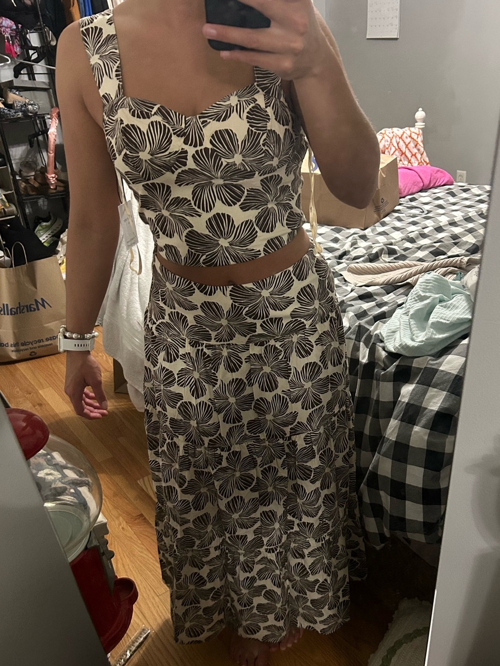 Floral Print 2pc Set - Cream and Brown